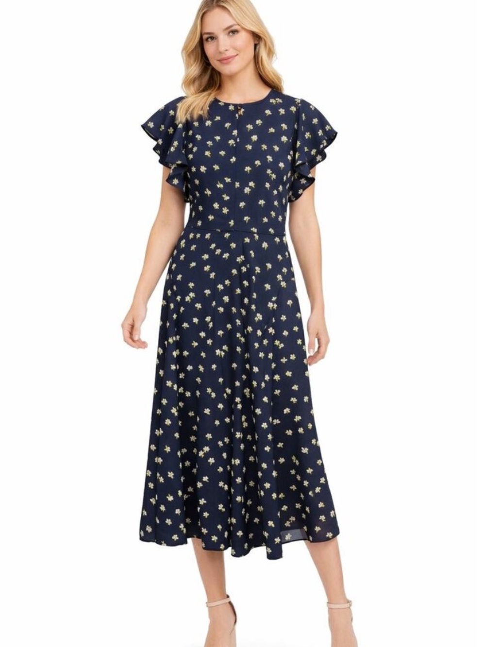 Kate Spade Daisy Navy Floral Midi Dress with Flutter Sleeves